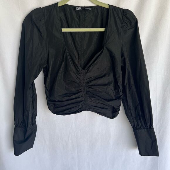Zara Scrunchy Crop Top Long Sleeves Puffy Black size M - Picture 7 of 9